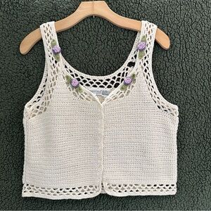 Vintage Y2K Crochet Floral Crop Top Vest Cottagecore Newport News Large READ